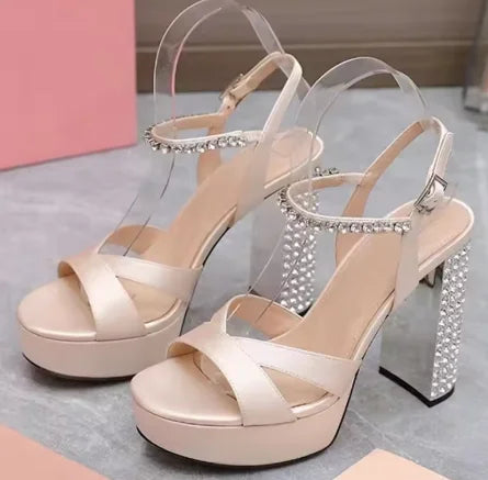 Luxury Crystal Chunky Heels Gladiator Sandals Women Sliver Leather Slingback High Heel Party Shoes Open Toe Women's Sandalias