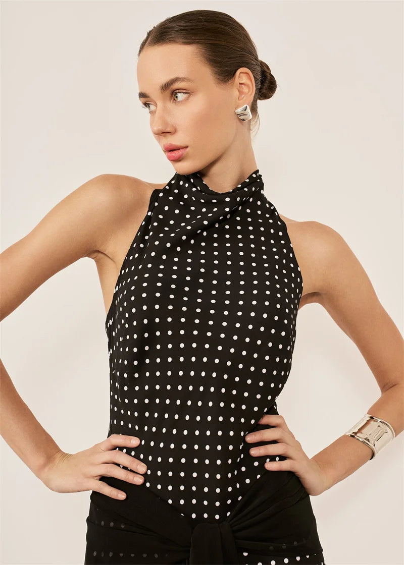Blifanbo Polka Dot Halter Backless Sexy Maxi Dress Women Gown Ribbon Patchwork Off-shoulder Sleeveless Fashion Club Party Dress