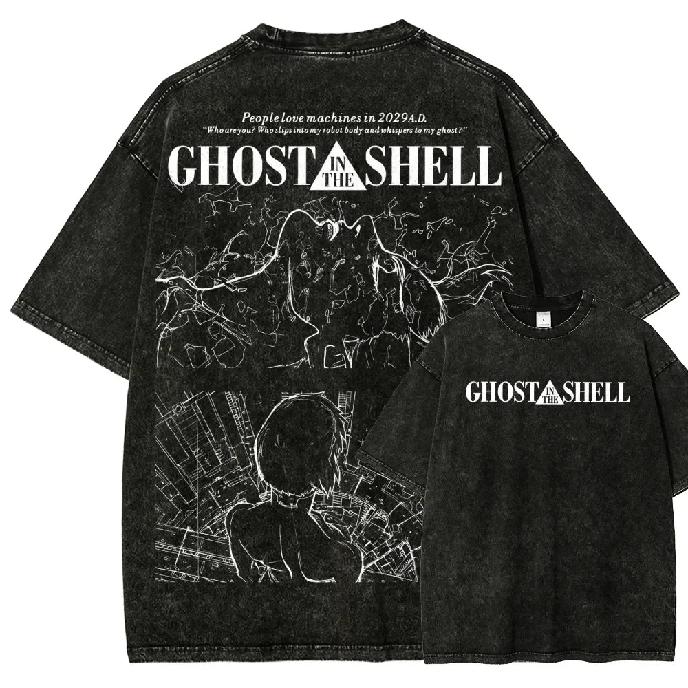 Motoko Kusanagi Ghost In The Shell Clothing Men Women Manga T-shirts Vintage Washed T Shirt Casual Cotton Tee Harajuku Tshirt