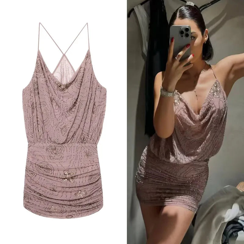 Sequin Rhinestone Woman Summer Dress Short Prom Backless Mini Dresses  V-Neck Halter Tops Mini Dress Pink Pleated Ladies Clothes