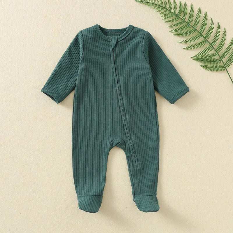 Autumn Zipper Baby Onesie Ribbed Knit Footed Romper Long Sleeve Solid Color Jumpsuit for 0-12M Newborn Infant Outfits