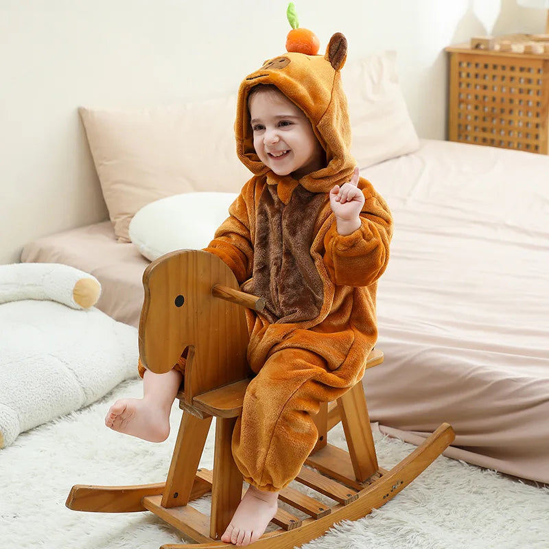 Baby Boy Girl Children Capybara Cosplay Costume Flannel Pajamas Set Cartoon Animal Suit Kids Baby Onesie Hooded Sleepwear