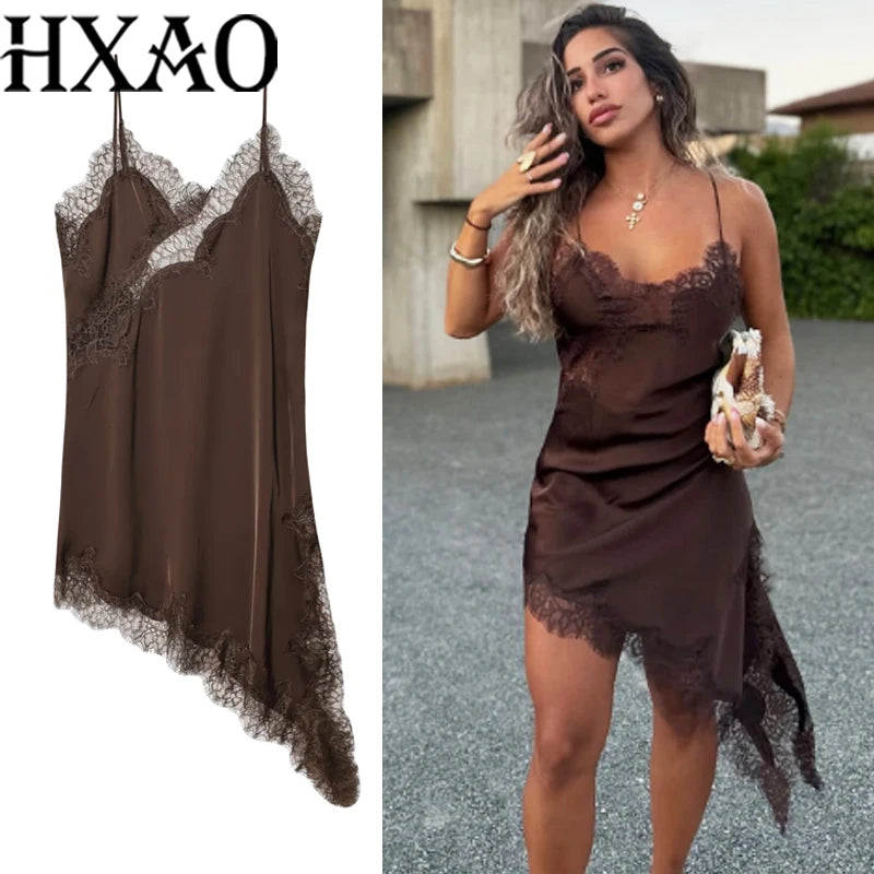 HXAO Slip Womens Dresses Sleeveless Black Lace Dress Woman Asymmetrical Elegant Party Dresses Sexy Backless Satin Yellow Dress