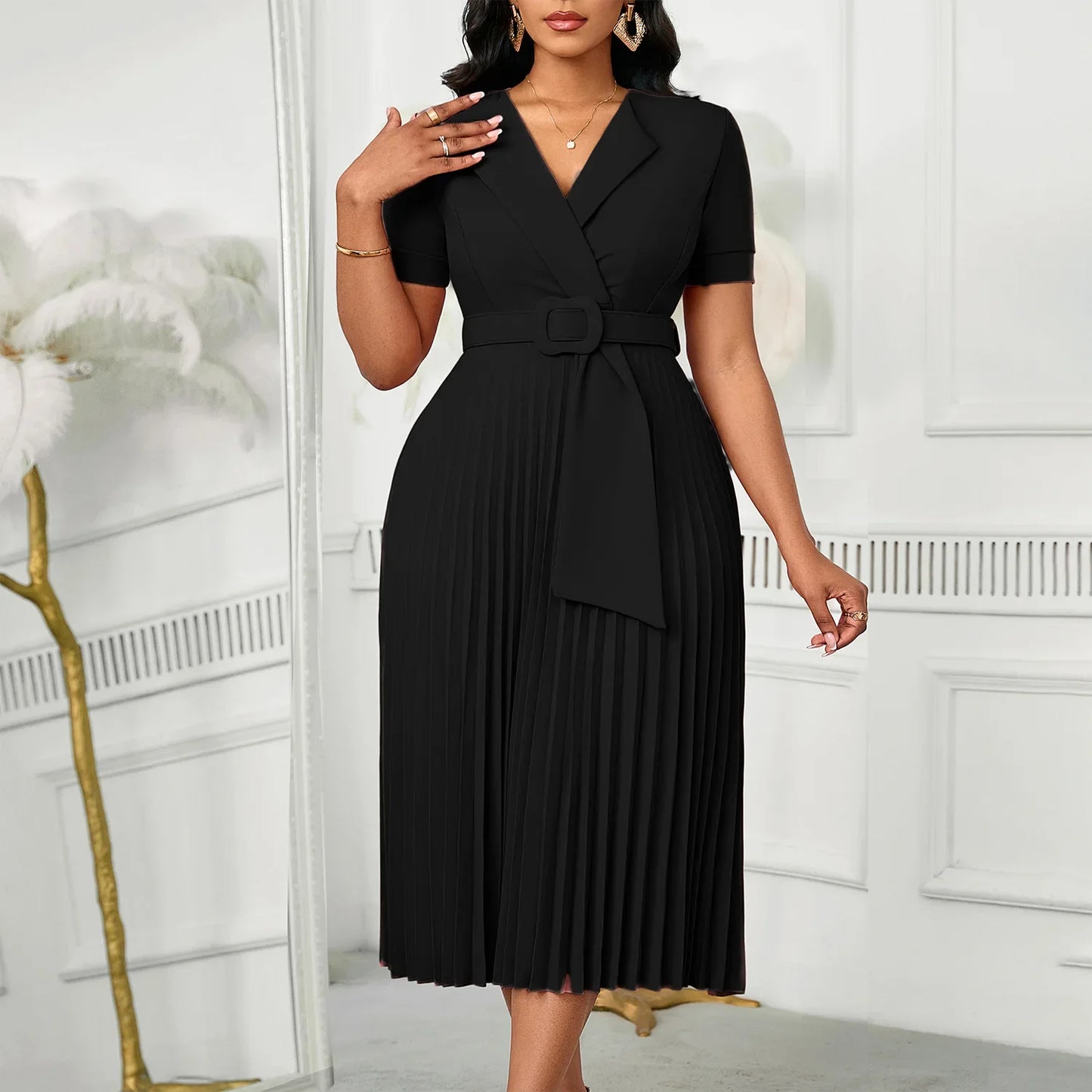Sexy Short Sleeve V-Neck Elegant African Pleated Dress High Waist Midi Dress Fashionable Atmosphere Casual Elegant Style