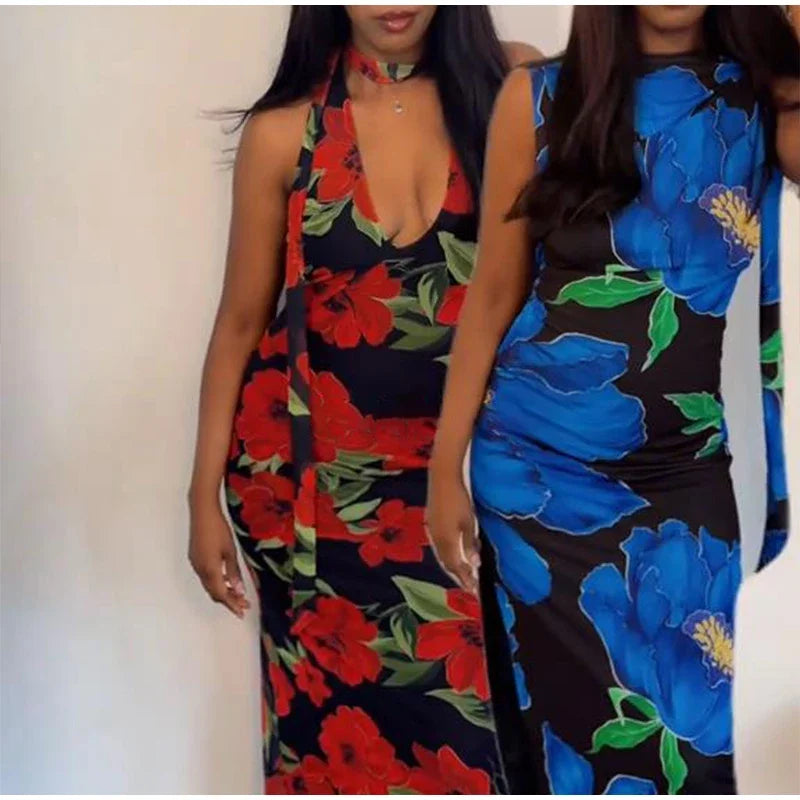 Sexy Flower Print Top Long Skirt Set Women Slim Ruffle Strap U-neck Top Loose High Waist Skirts  Fashion Summer Party Suit