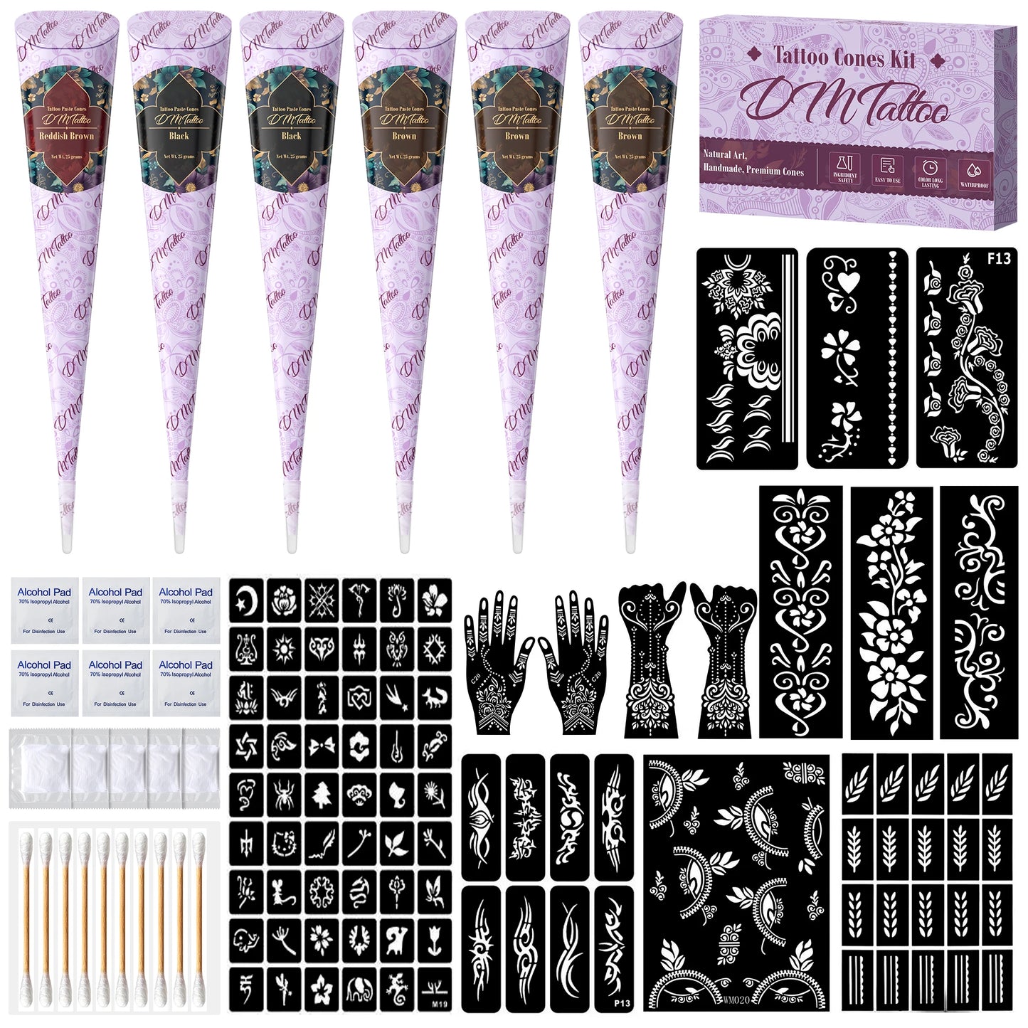 Temporary Tattoos Stencils Kit 3 Color(Brown Black Maroon) Ink with Gloves DIY Body Art Painting for Women Men Adults Kids