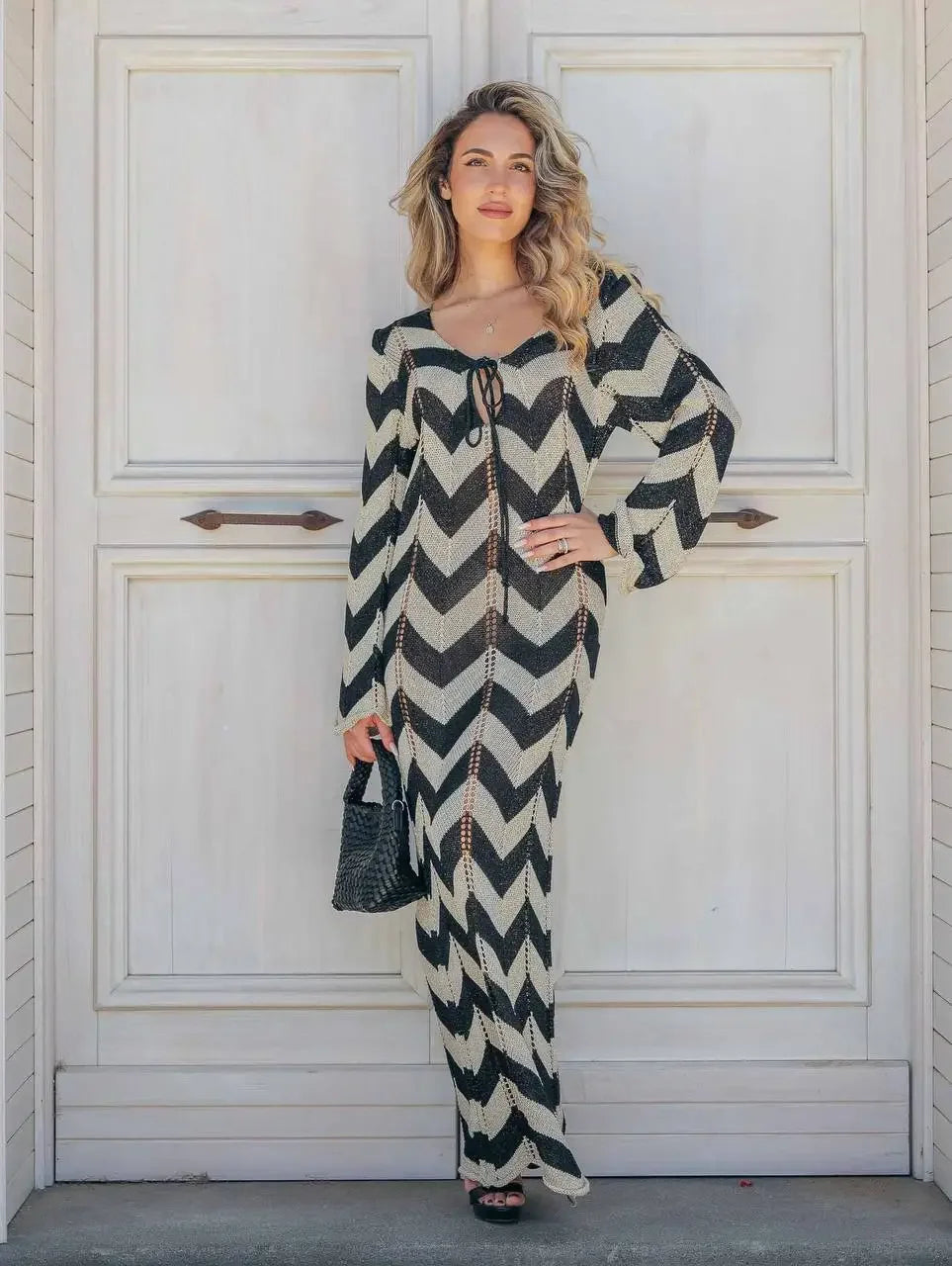2025 Women's  Stripled Long Sleeve Slim Elegant Knitted Maxi Dress V Neck Autumn New Lace Up Hollow Sexy Beach Cover Up Dress