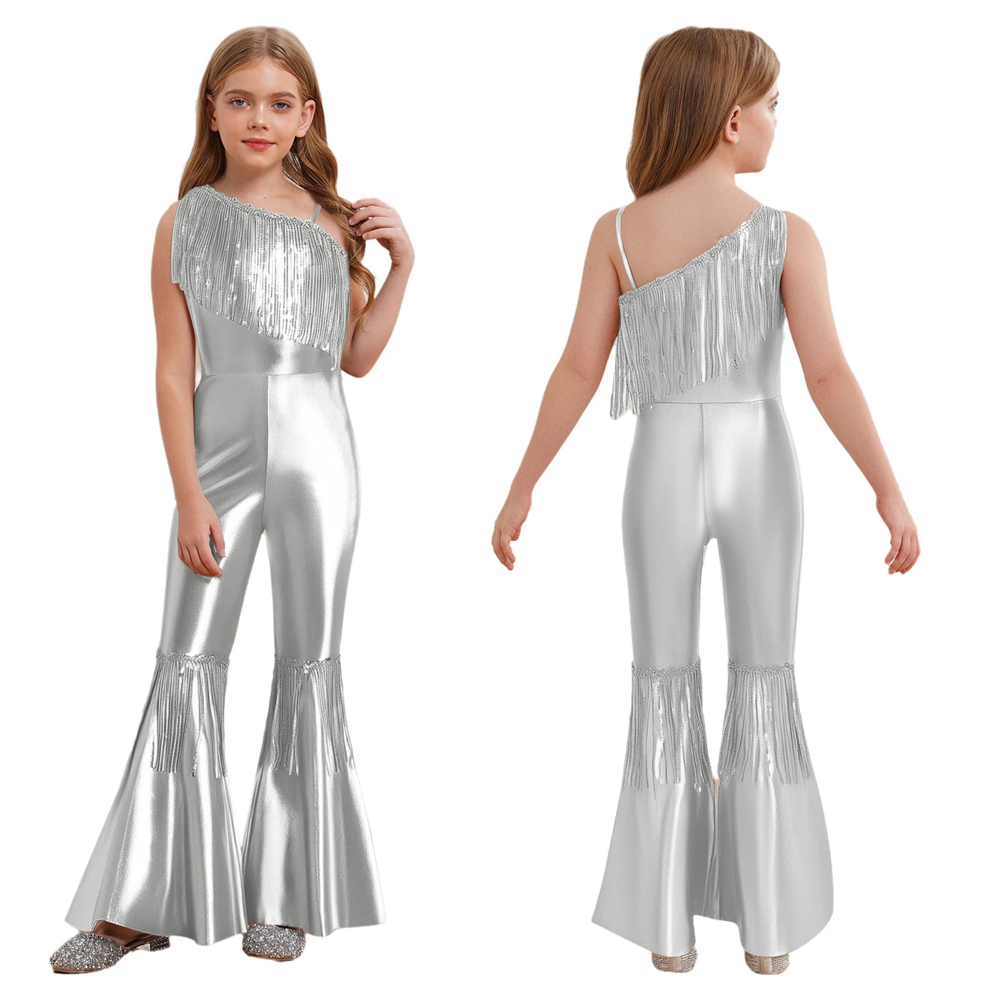 Halloween Kids Girls Hippie Costume Tassels Unitard Bell-bottom Long Pants Bodysuit Jumpsuit for Disco Dance 60s 70s Rave Party