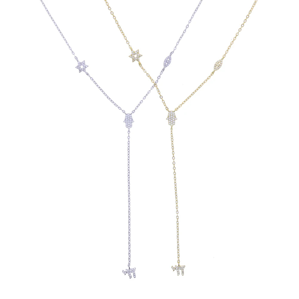 Lucky Cute CZ Star Eye Hand Chai Charm Lariat Y Necklace Amulet Judaism Sign of Life Gold Color Women Jewelry