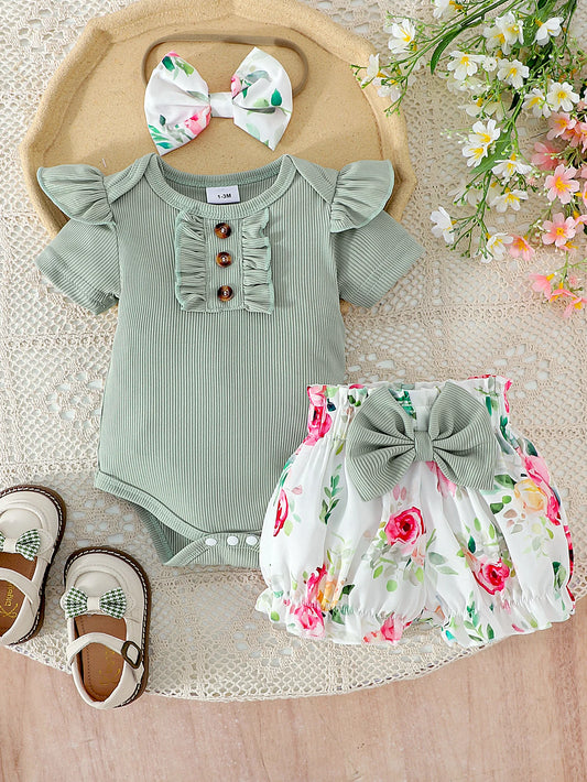 3PCS  Summer New Style Girls 0-1 Years Old Sweet And Comfortable Green Short-Sleeved Clothes + Printed Shorts