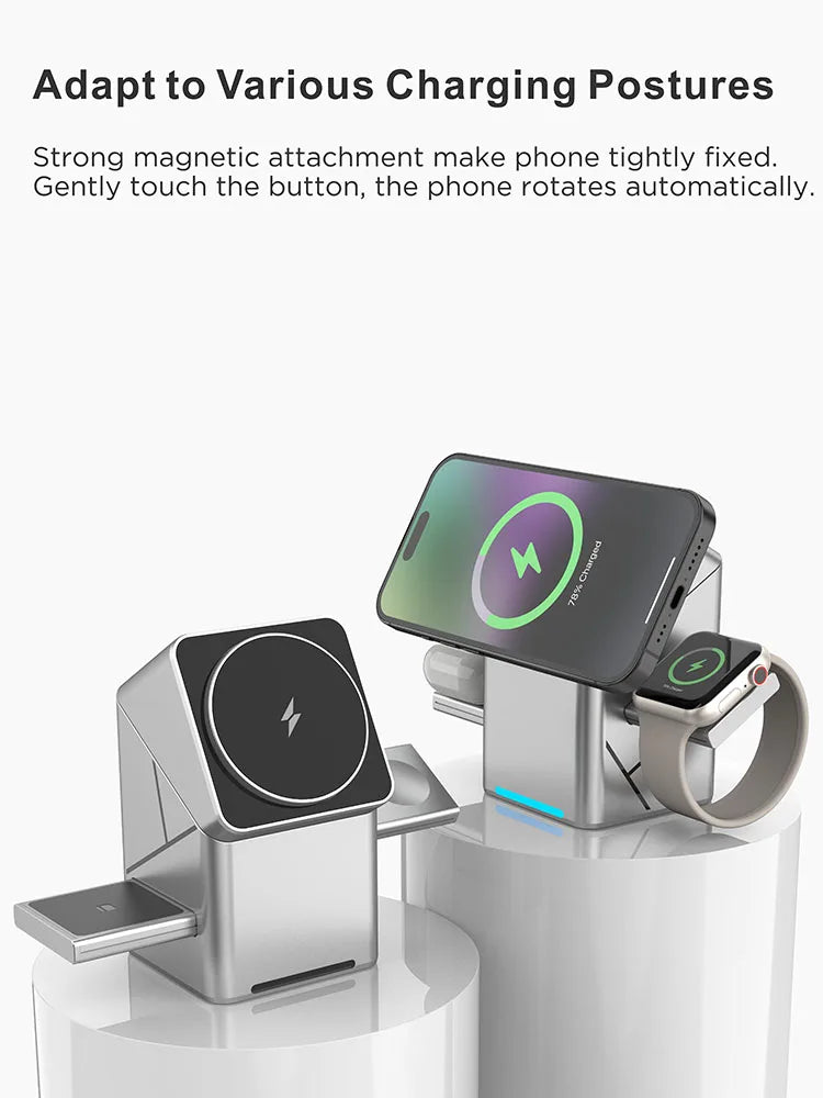 Rotating Qi2 3in1 15w Magnetic Wireless Charger Stand For iPhone 16 15 14 13 12 Max  iWatch Airpods Fast Charging Dock