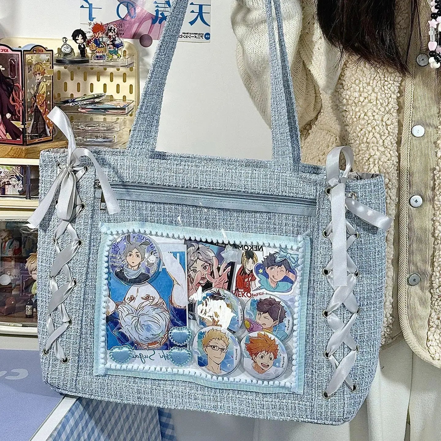 New Y2K Ribbon Bow Japanese Ita Shoulder Bag Cute Girl Transparent Pocket Large Capacity Crossbody Tote Bag DIY Display Handbags