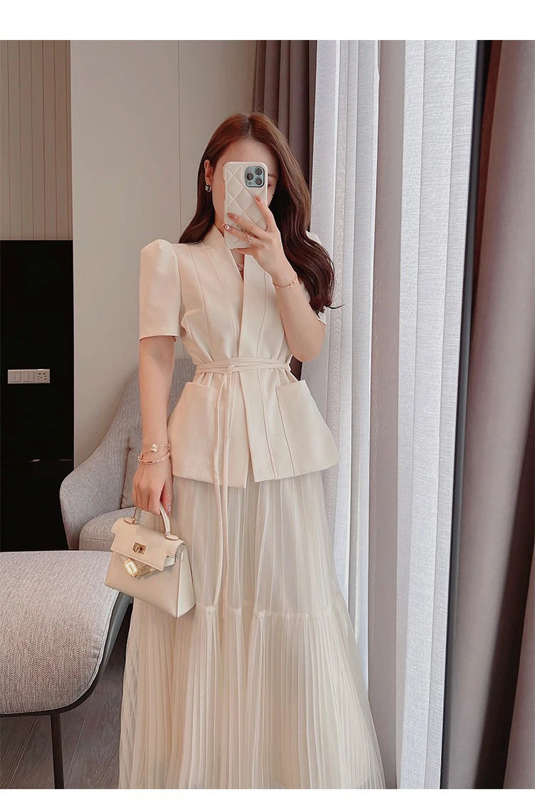 H Han Queen Elegant 2 Piece Office Dress Women Summer Simple Basic A-Line Dresses Short Sleeve Slim Long Casual Party Vestidos
