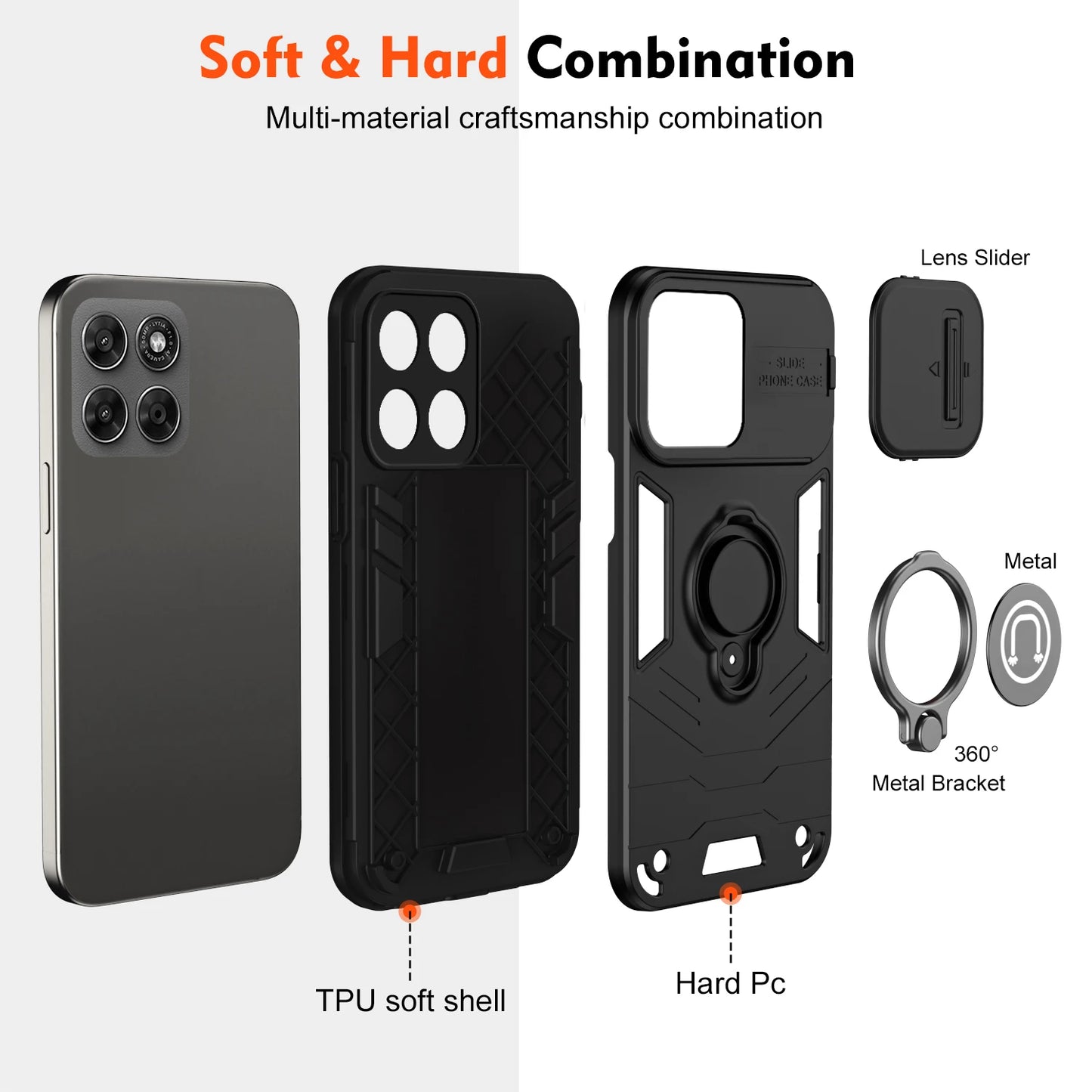 Sliding Window Metal Finger Holder Case for Motorola Moto G67 G77 G86 G56 G17 Power Shockproof Armour Camera Protection Cover
