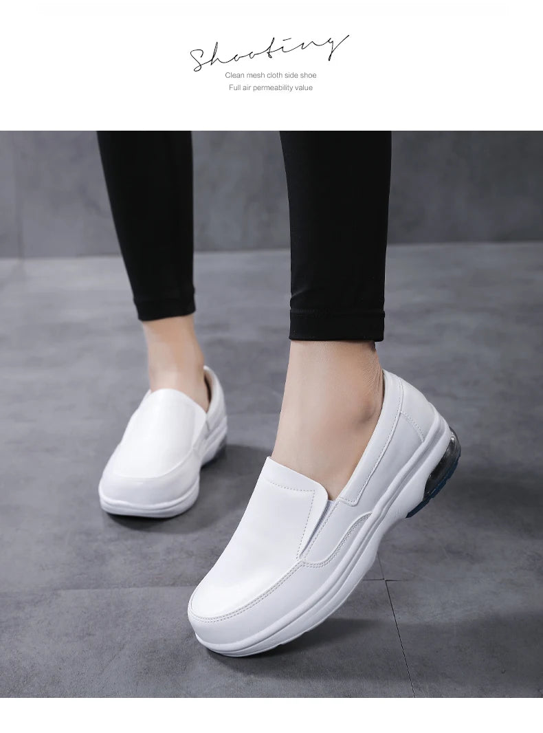 Professional White Leather Hospital Work Shoes Four Seasons Comfortable Breathable Nurse Shoes Women's Thick Base Single Shoes