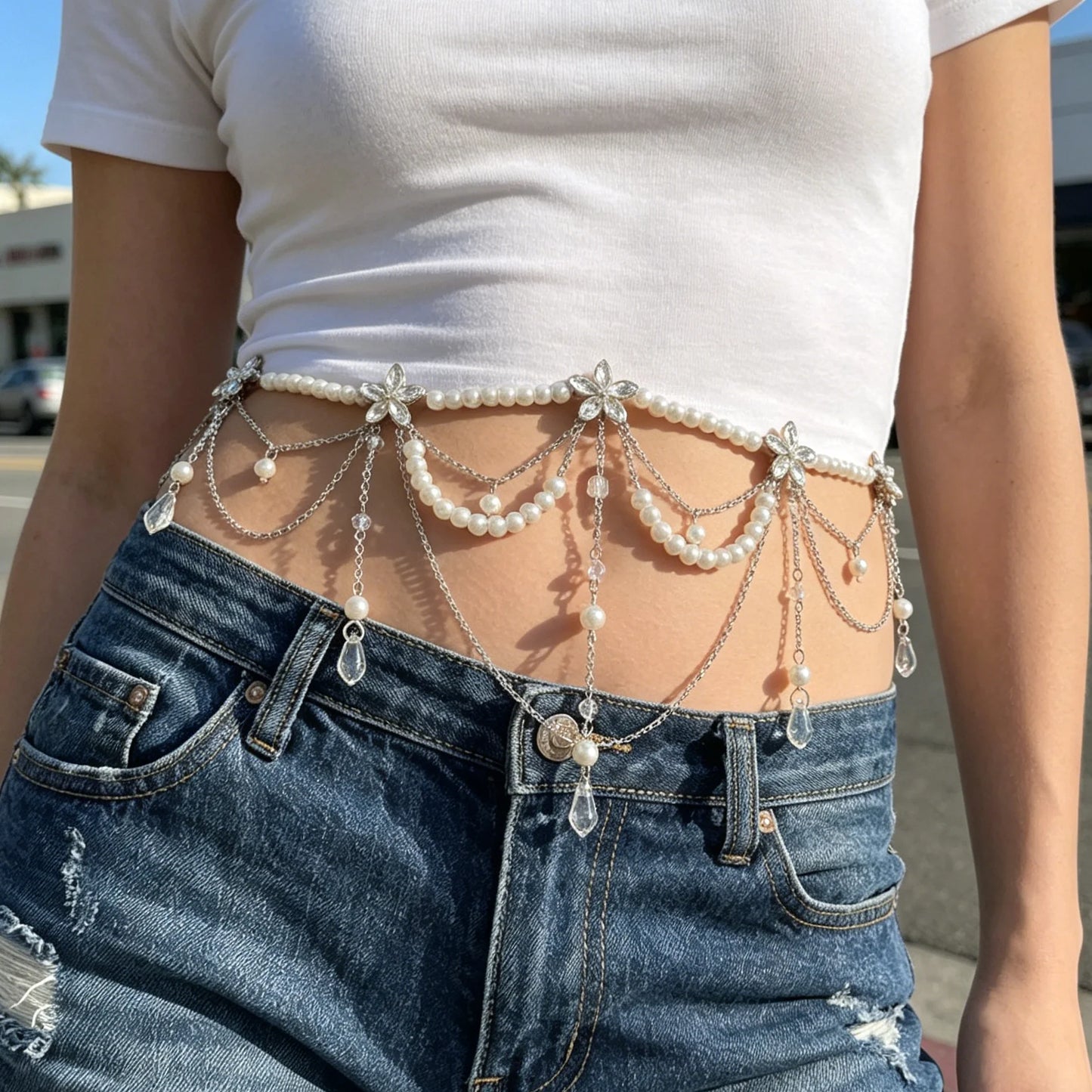Fashionable Multi-Layer Pearl Tassel Waist Chain for Women Elegant Floral Body Chain Summer Holiday Accessory Gentle Style