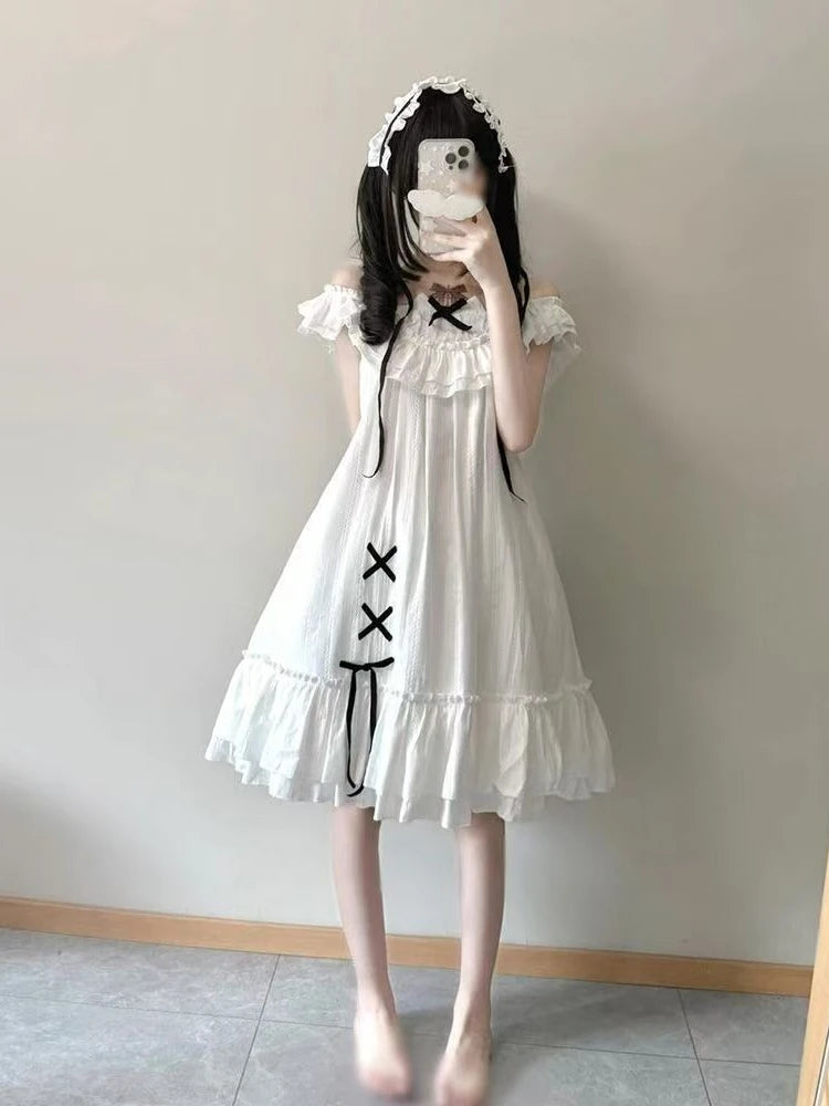 Summer Kawaii Casual Dress Women's Design Elegant Sweet Loose Patchwork Dresses Female Fashion Pretty Retro White Japanese Dress
