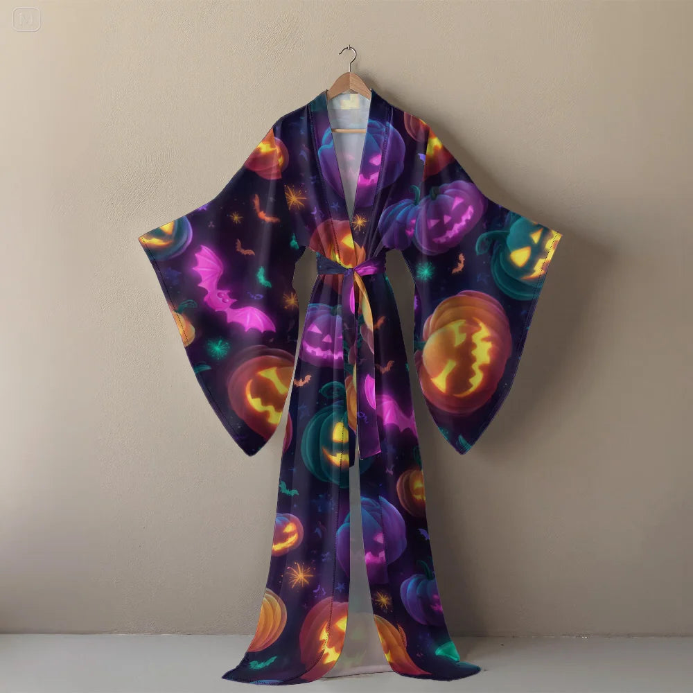 Halloween Sexy V-Neck Robe with Ghost Print High Slit & Bat Sleeves Kimono - Women's Party Costume Funny Cool Cosplay Wear