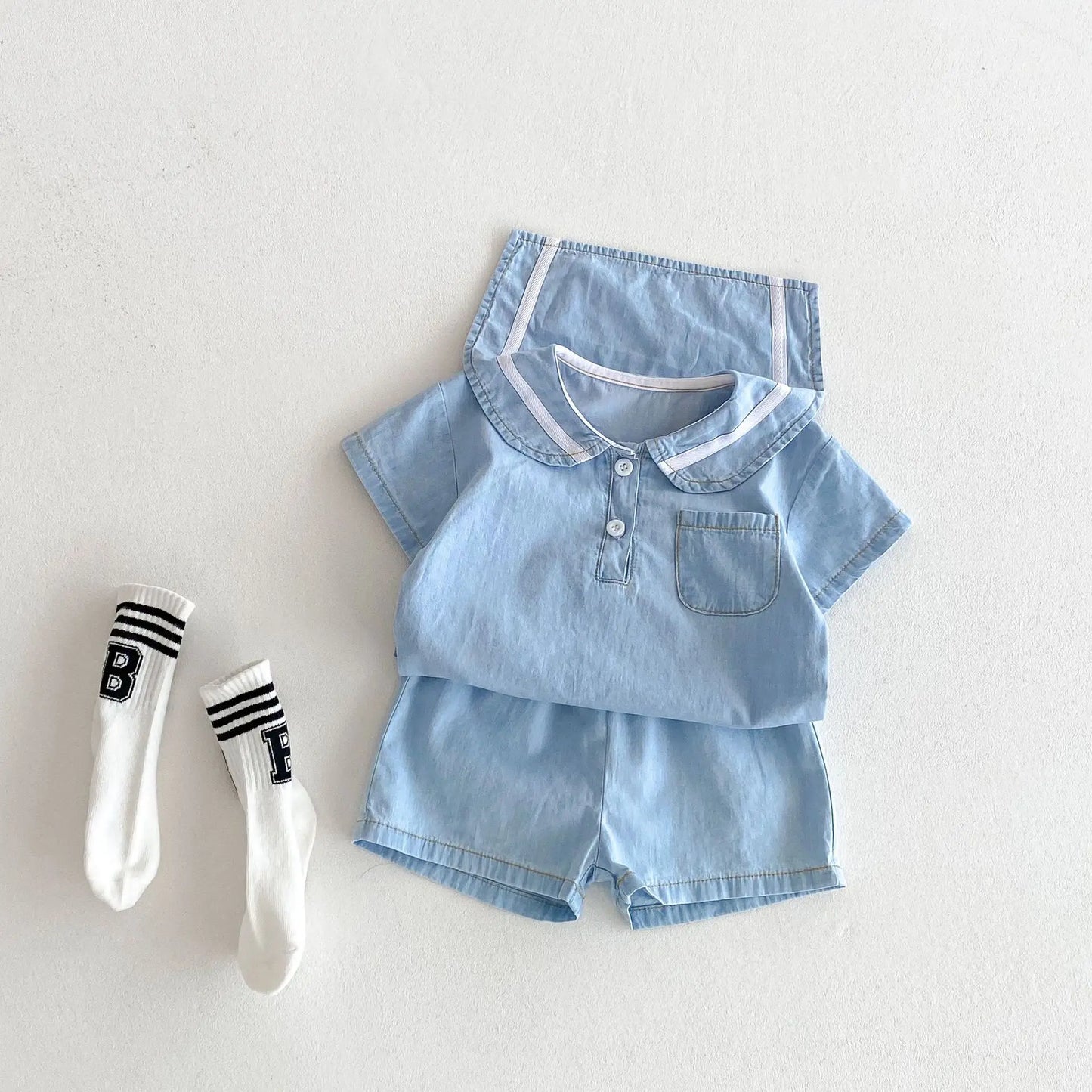 2025 Summer New  Korean Style Baby Short Sleeve Denim Set Sailor Collar Sleeve T-shirts Top Tees+Kid Shorts  two-piece set  0-4T