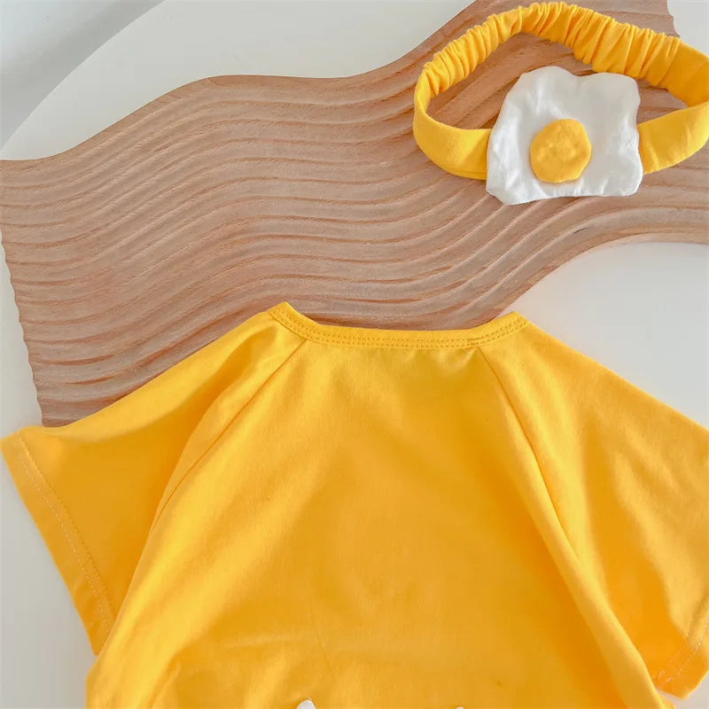 Summer Baby Newborn Romper Fried Egg with Headband Yellow Toddler Clothing Short Sleeve Infant Bodysuit Set 0-2Y Cute Jumpsuit
