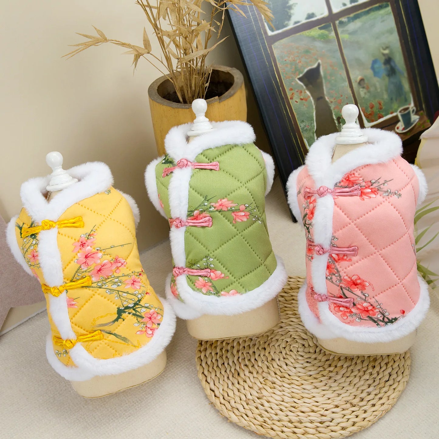Vintage Pet Winter Warm Coat Puppy Clothes for Small and Medium Doggy Pomeranian Chihuahua Jacket With Flower Outdoor Clothing