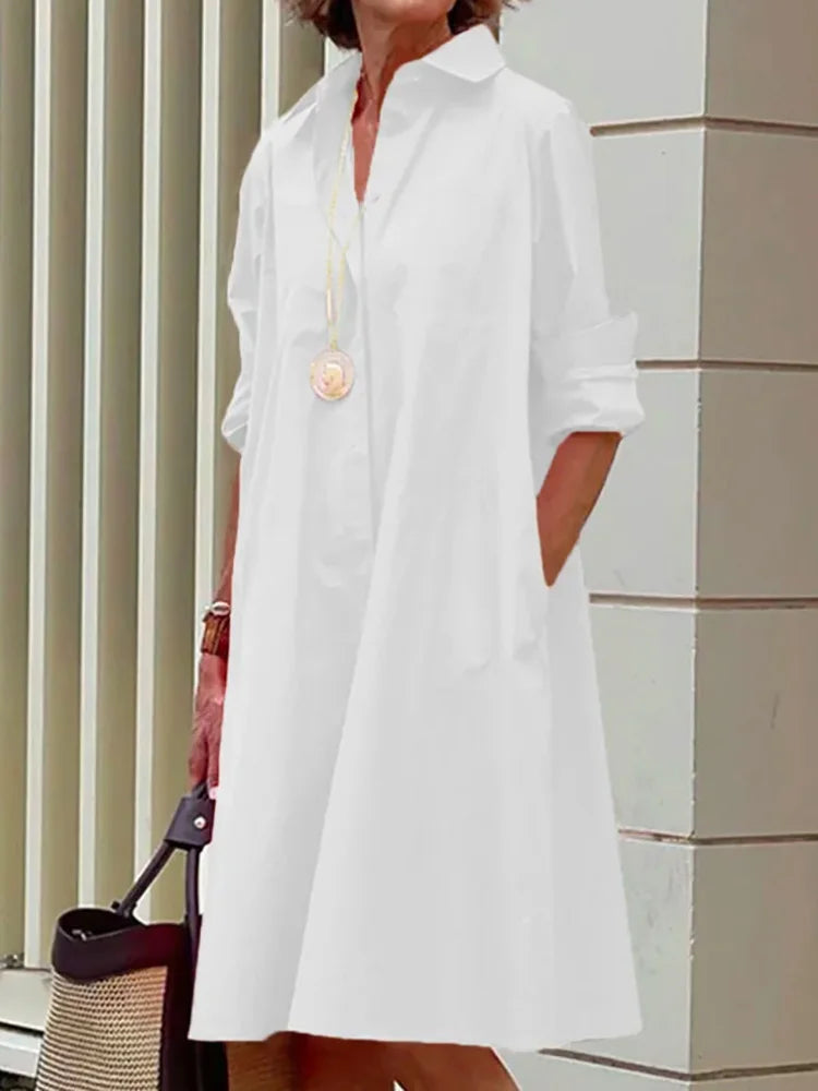 Women Casual Solid Pocket Shirt Dress Elegant Turn Down Collar Office Lady Dress Autumn Female Long Sleeve Loose Dress Vestidos