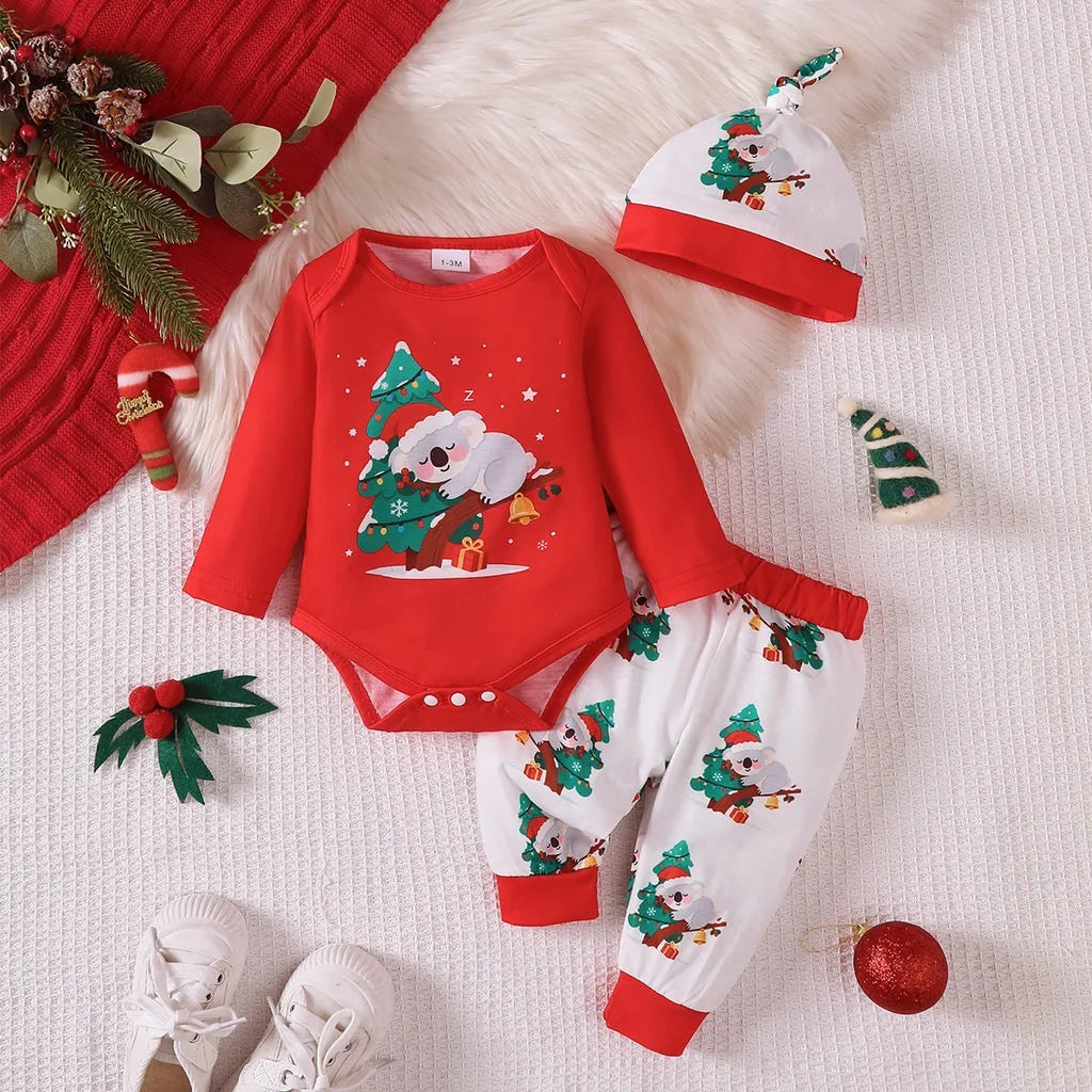 Baby Boy and Girl Christmas Costume Cute Koala Long Sleeve Top+ Pants+Hat 3PCS Clothes Set for 1-18 Months Infant Holiday Suit
