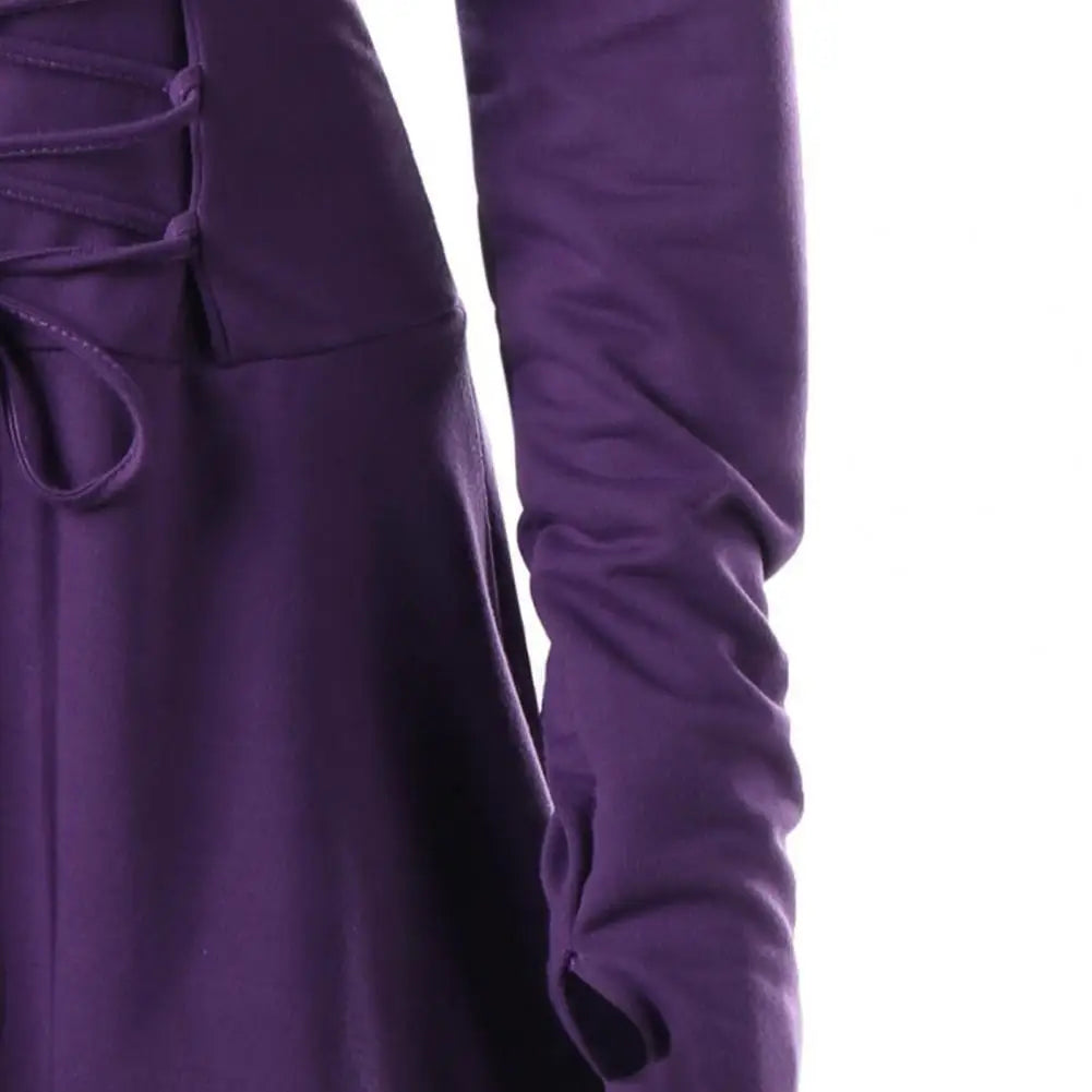 Women Milk Silk Dress Hooded Long Sleeves Lace-up Strap Slim Waist Irregular Hem Women Midi Dress Festival Party Halloween Dress