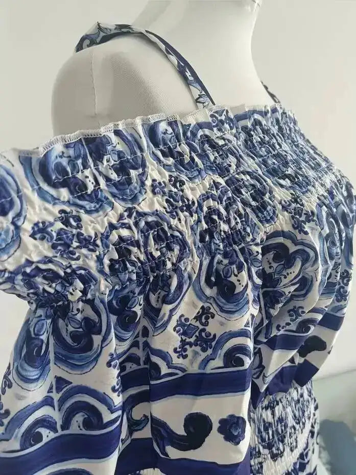 JAMERARY Summer Runway Blue White Porcelain Print Midi Dress Women's Straps Flare Sleeve Elastic Waist Cotton Floral Vestidos