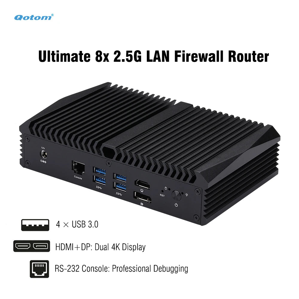 Qotom Barebone Fanless Mini PC 8x Intel i226-V 2.5G LAN Core i7-10510U i5-8260U Firewall Router Soft Router RS232 Console