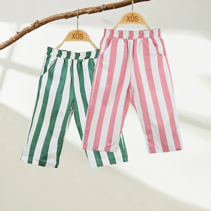 Summer Autumn New Boy Girl Children Loose Striped Casual Pants Baby Pockets Pants Kid Outdoor Cotton Trousers Toddler Costume