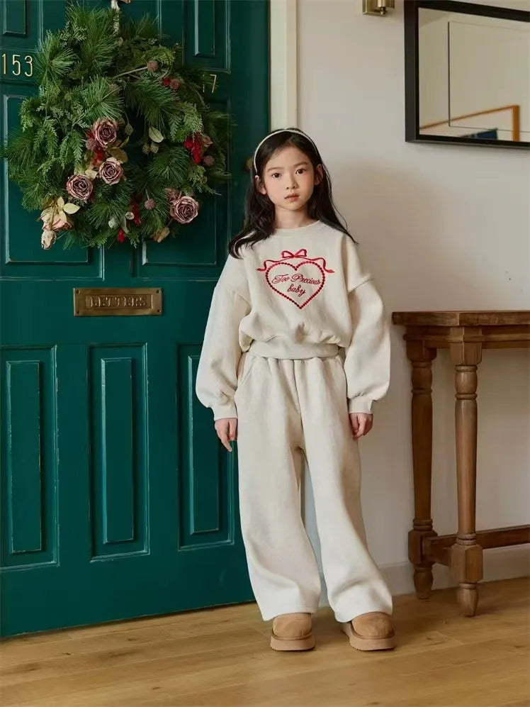 2025 Spring New Children Long Sleeve Clothes Set Baby Girls Heart Embroidery Sweatshirt + Pants 2pcs Suit Kids Sports Outfits