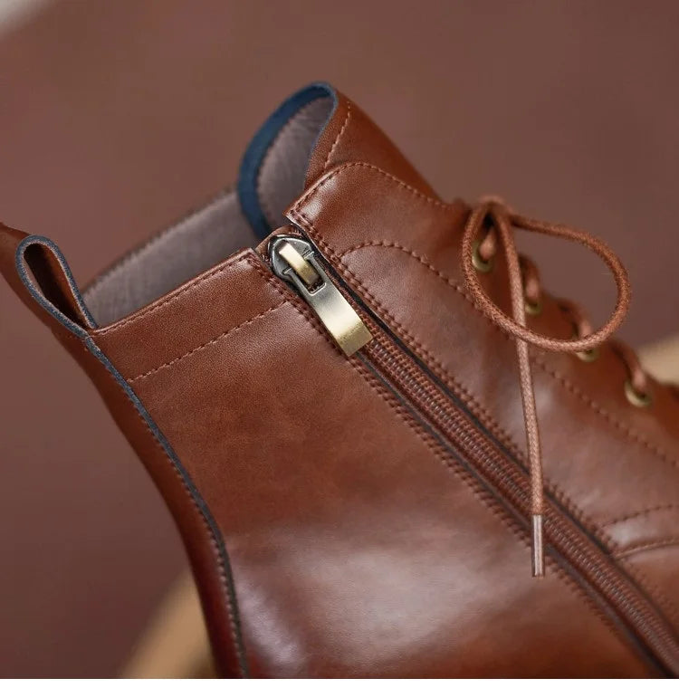 New Autumn/Winter Women Boots Cow Leather Fashion Women Shoes Square Toe High Heel Shoes for Women Lace Up Modern Short Boots