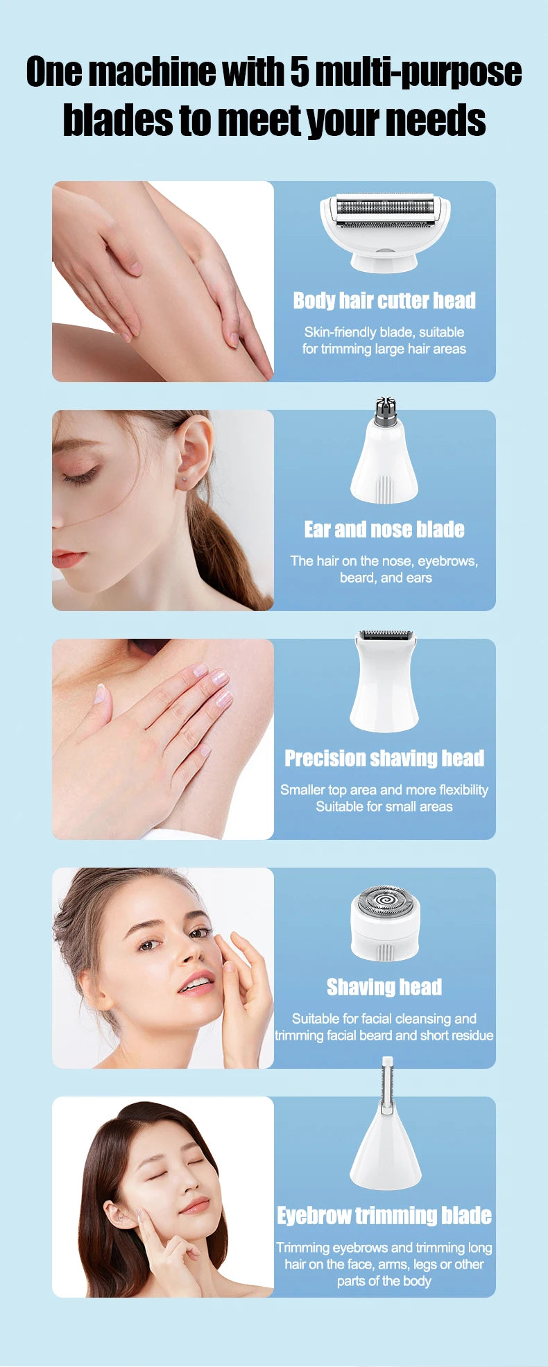 RESUXI 733 5 in 1 Multifunctional Women's Electric Epilator Face Shavers Eyebrow Trimmer Painless Bikini Trimmer Hair Removal