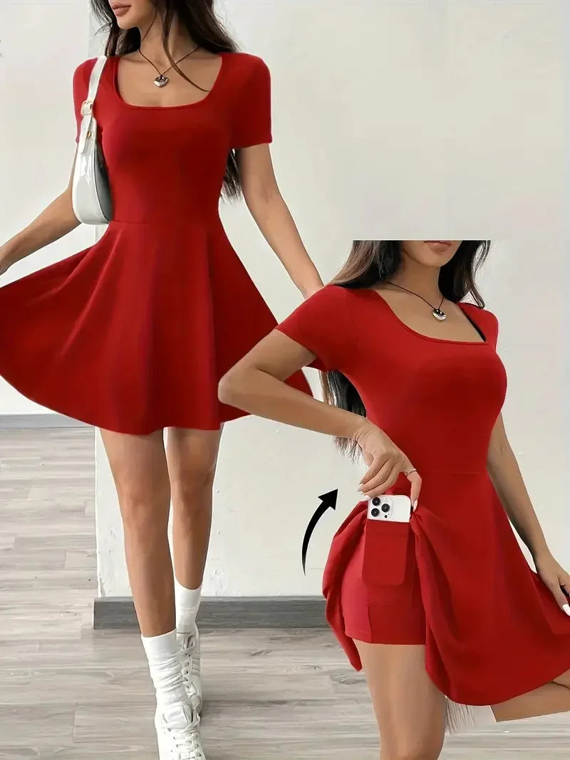Summer 2025 Brown Knitted Short Casual Dress Mini Skirt Length Polyester Fiber Square Collar Empire Waistline Regular Sleeve
