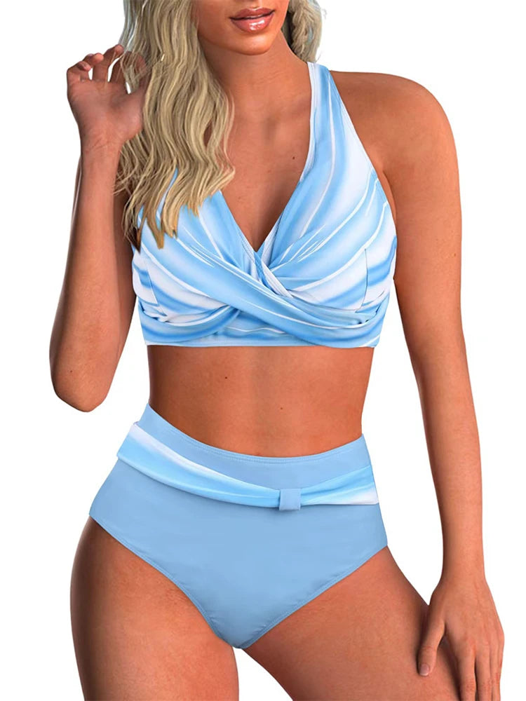 Circyy Print Swimsuit Women Split Swimsuit Contrast Color Striped Dot Bikini Set High Waisted Fashion Beachwear Summer 2025 New