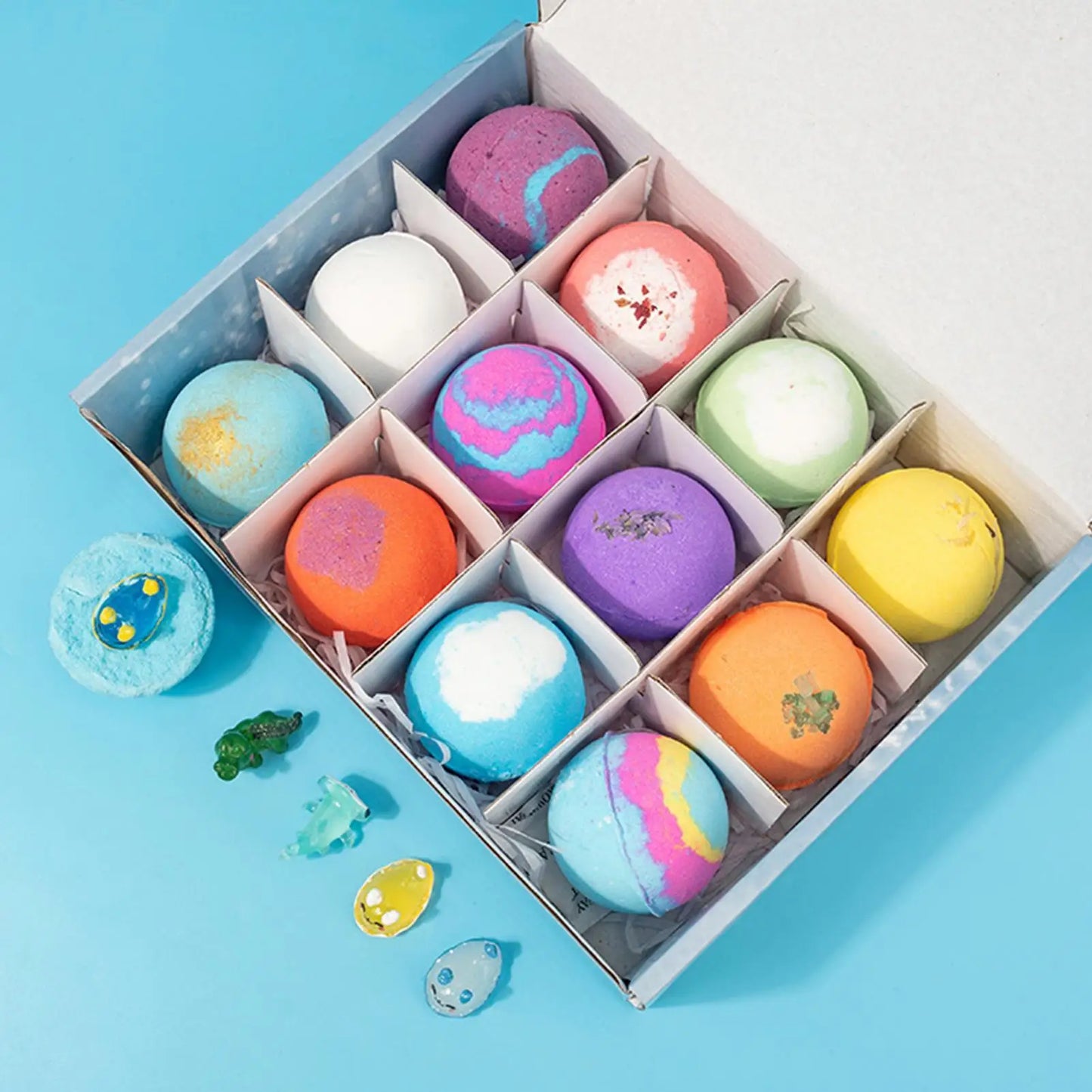 12Pcs Ocean Themed Bath Bombs Gift Set with Surprise Sea Animal Toys Inside Natural Bubble Bath Salt Balls for Kids Holiday Gift