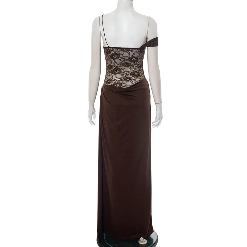 XIAOTANG One Shoulder Lace See Through Sexy Maxi Dress Women Gown Fashion Off-shoulder Sleeveless Backless Club Long Dresses