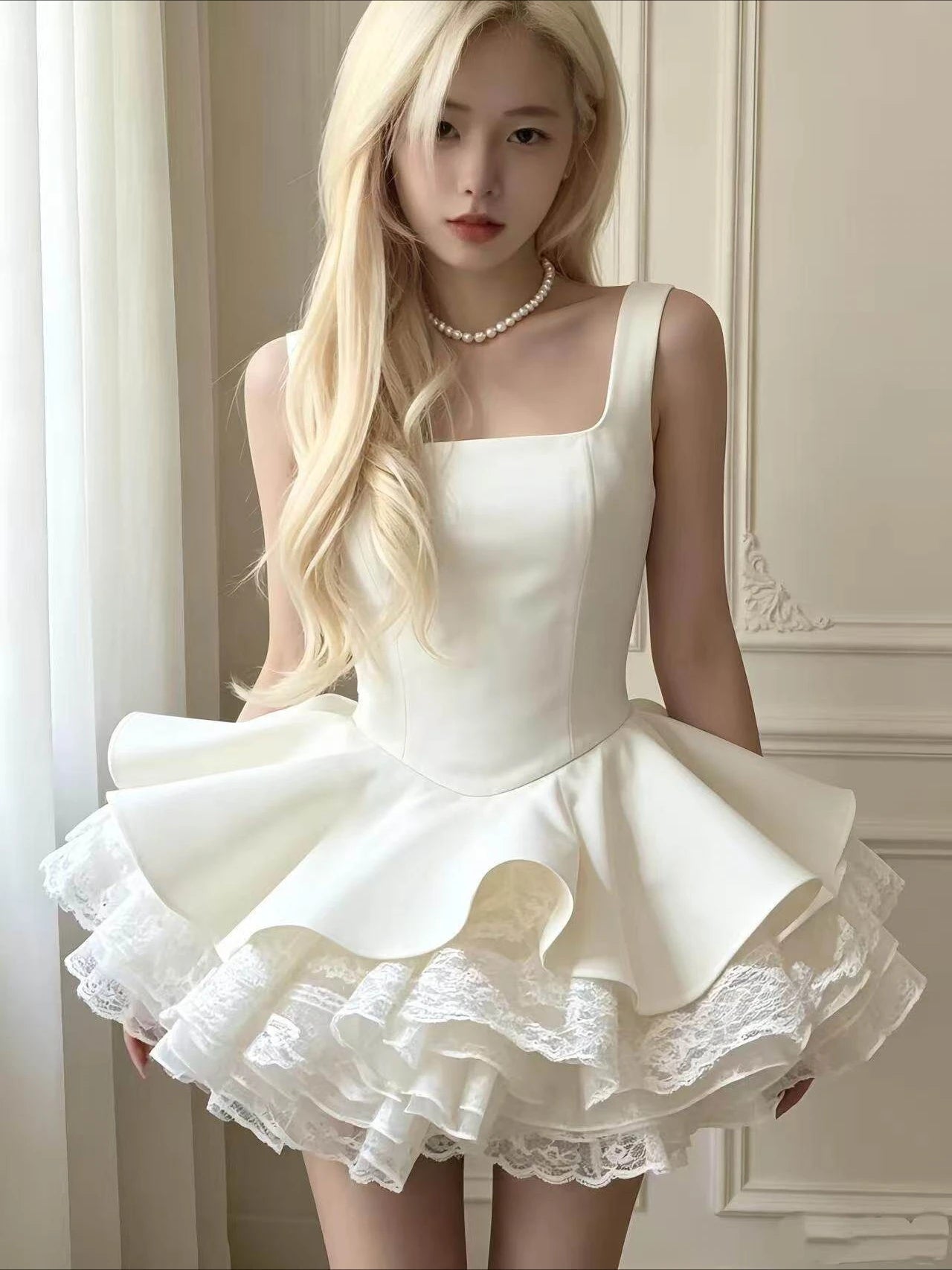 Elegant Sweet Princess Sleeveless Waist Tight Women White Summer Dresses Lace Ruffle Hem Party Dress Female Chic Popular Clothes
