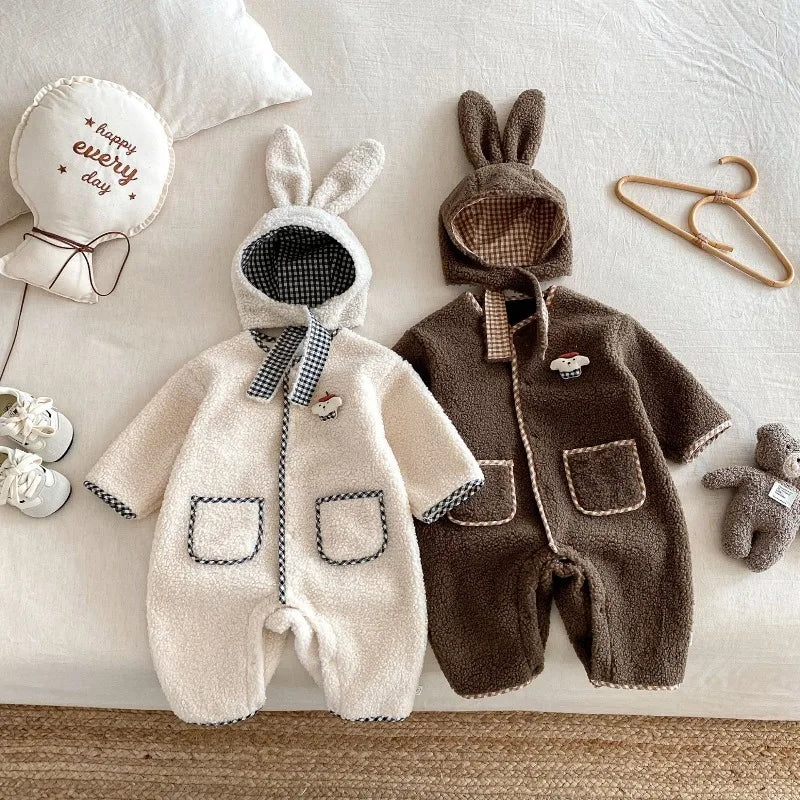 New Autumn Winter Baby Girl Boy Romper with Bunny Hat Cute Pocket Design Warm Infant Long Sleeve One-Piece Jumpsuit B5066