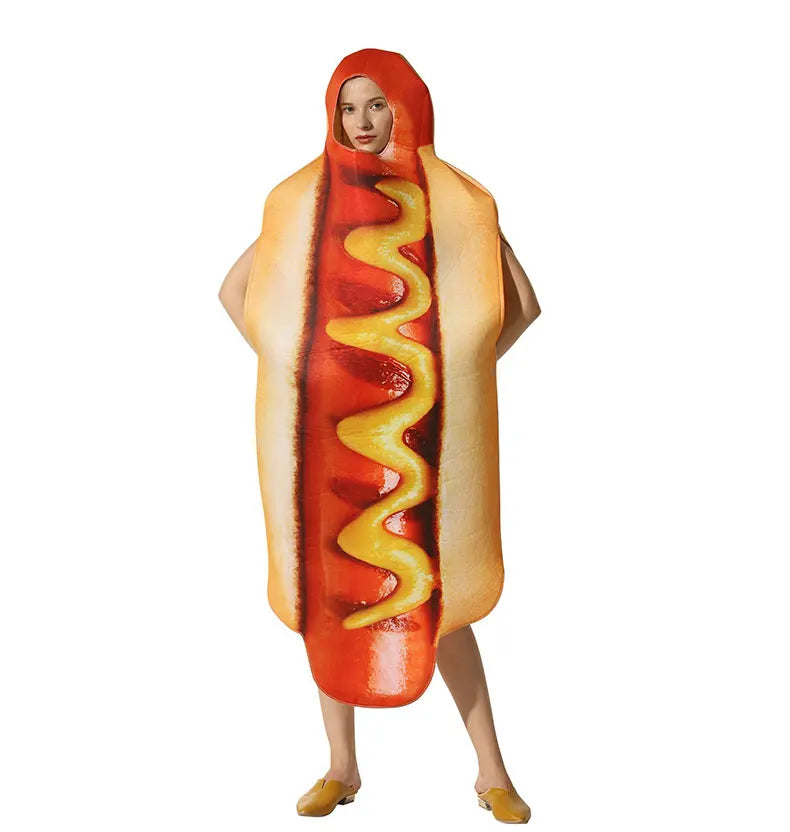 Halloween party costume, hot dog cosplay attire, stage performance outfit, one-piece dress, performance outfit