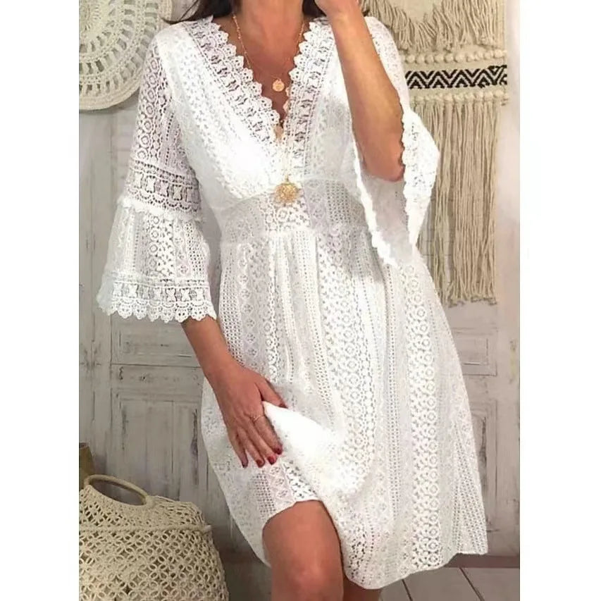 Summer Women Long Party Dress Vintage Long Sleeve Floor Length Sexy Backless White Lace Maxi Dress  sexy