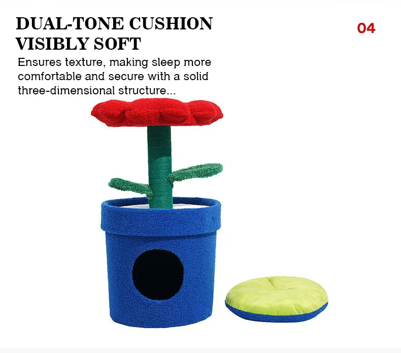 Red Flower Potted Cat Tree with Integrated Cat Bed Below Medium-Sized Cat Tree (Suitable for Cats Under 15 lbs)