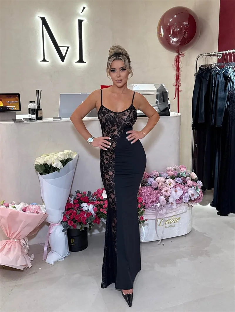Mozision Spaghetti Strap Lace See Through Sexy Maxi Dress Women Elegant Black Sleeveless Backless Bodycon Club Party Long Dress