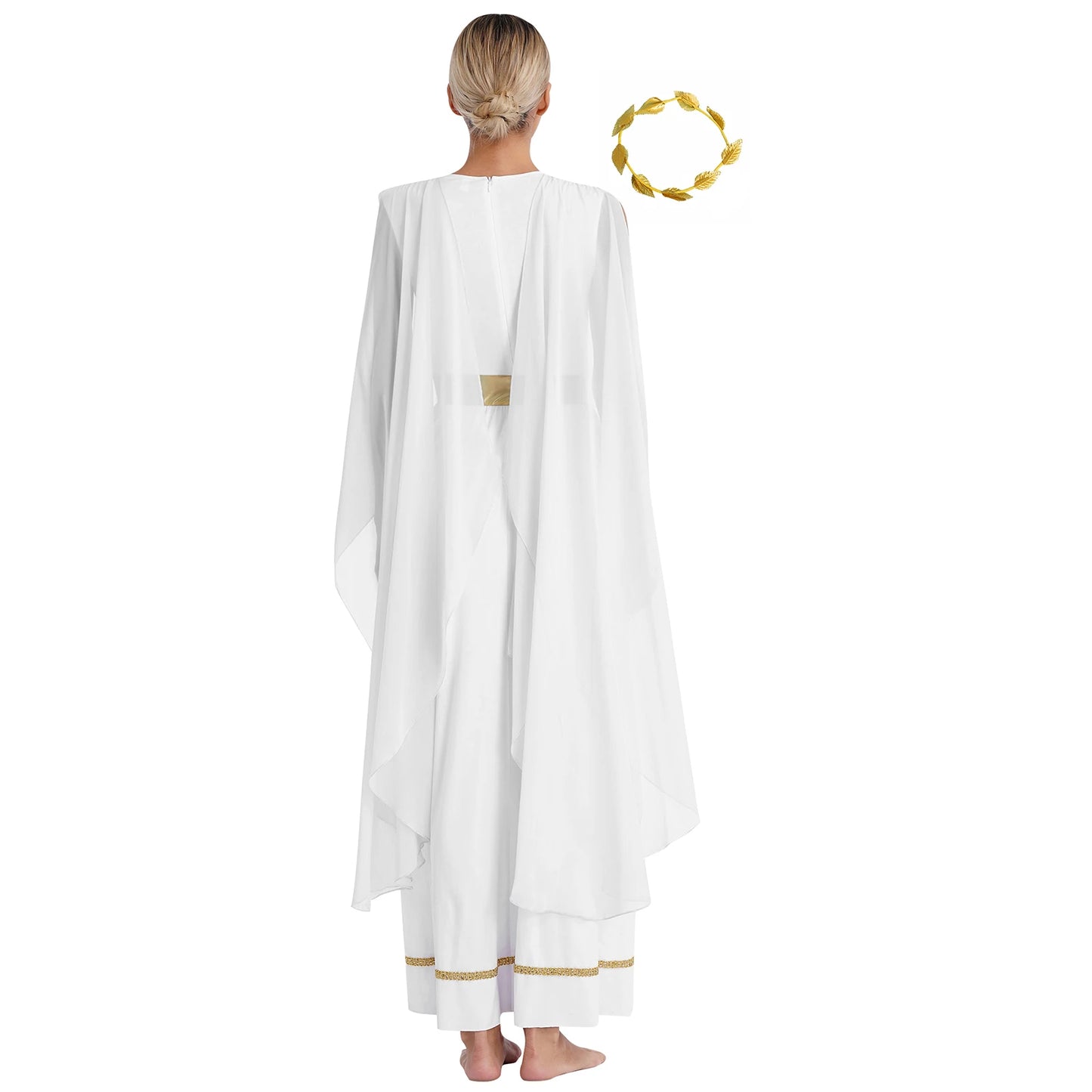 Womens Halloween Greek Beauty Carnival Cosplay Party Costumes Gold Leaves Garland Headwear And Cap Sleeve Ancient Toga Dress