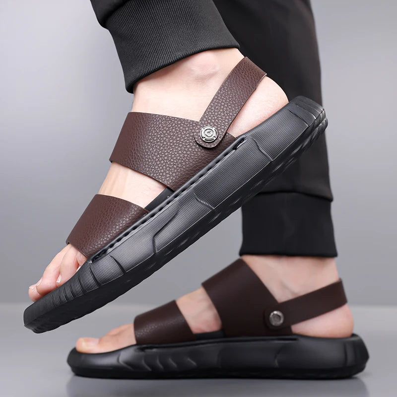 Man Retro Outdoor Comfort Thick Soled Leather Sandals Men's Summer New Men Sandals Luxury Quality  Beach Anti Slip Men Slippers