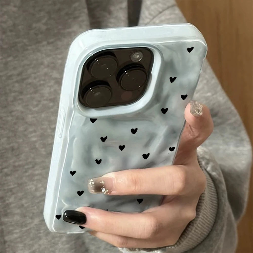 White Small Love Pattern Phone Case For iPhone 17 16 15 14 13 12 11 Pro Max 15 16 Plus Shockproof Soft Back Wave Texture Cover