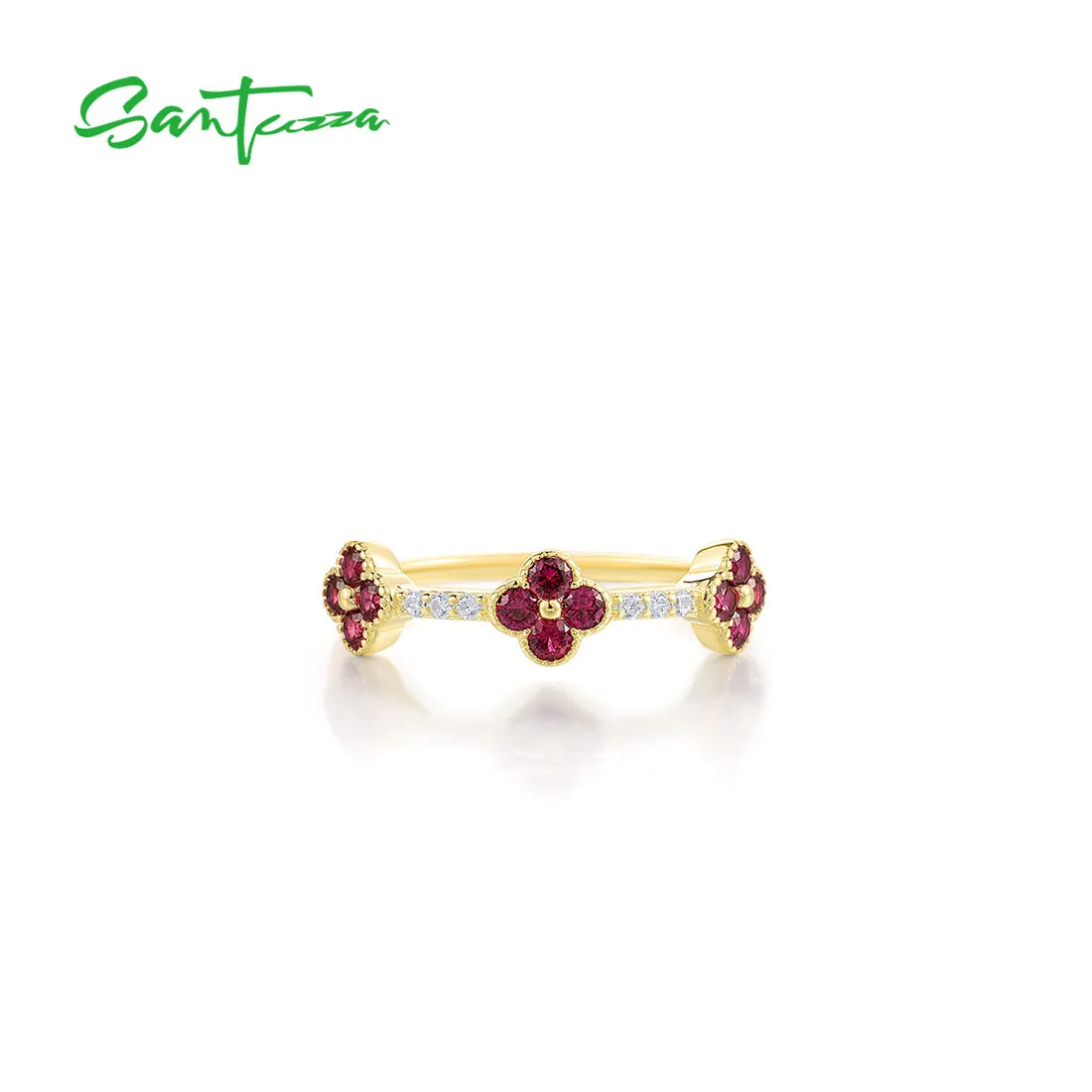 SANTUZZA 925 Sterling Silver Stackable Ring For Women Created Ruby Sapphire White CZ Delicate Flowers Wedding Gifts Fine Jewelry