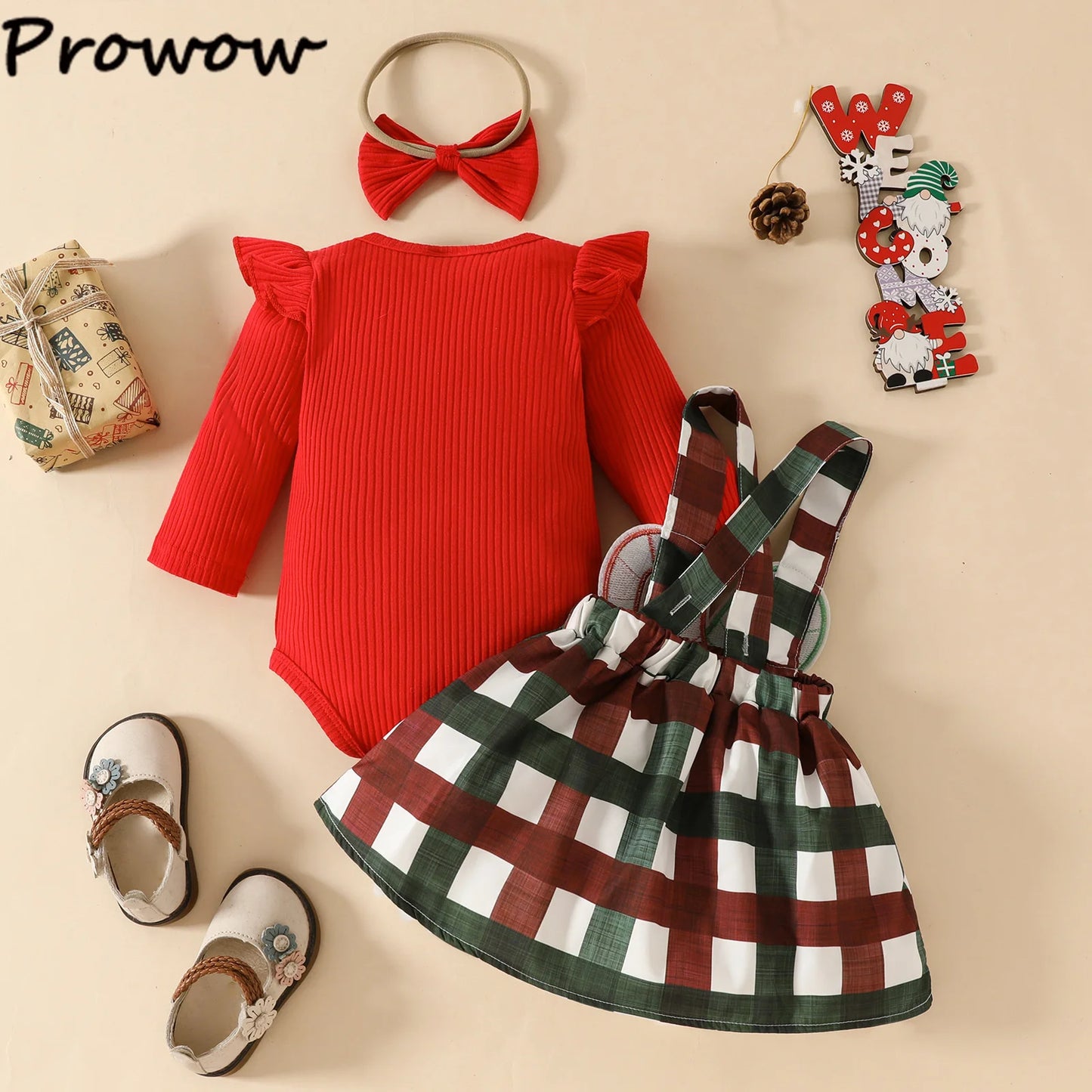 Prowow Baby Girls Christmas Outfits Set Red Bodysuit+Plaid Deer Suspender Dress Set 3pcs My First New Year Costume For Baby 2026