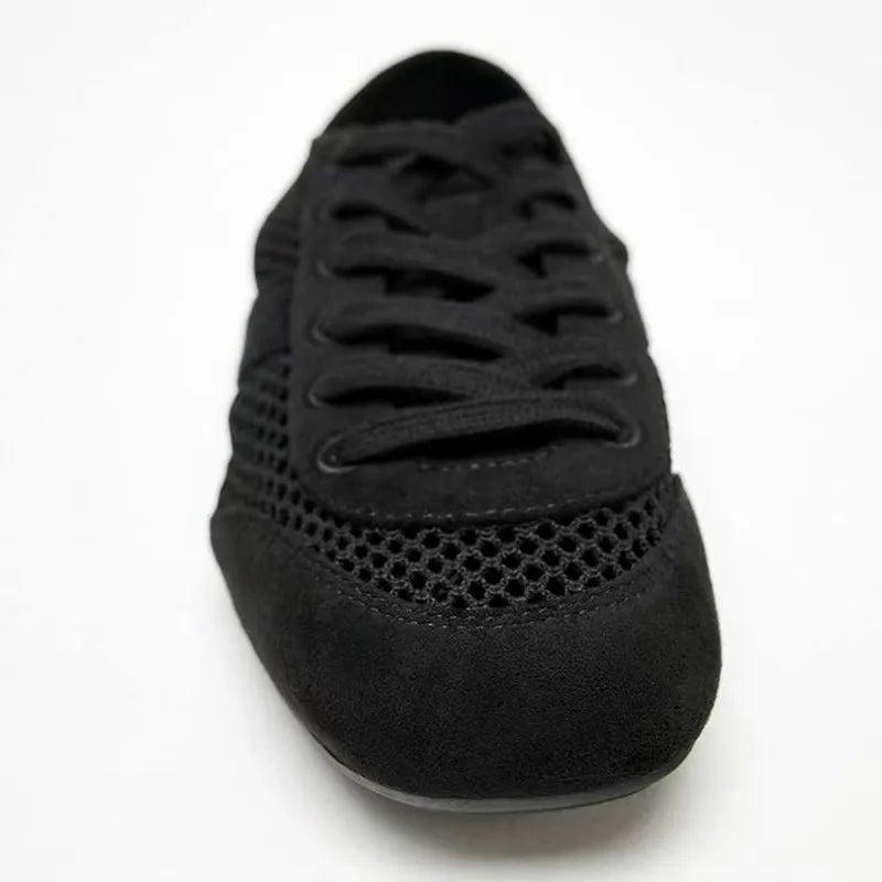 Mesh Breathable Lacing Flat Sneakers Women Lightweight Hollow Derby Sports Shoes Summer Autumn Running Shoes Cozy Ballet Flats